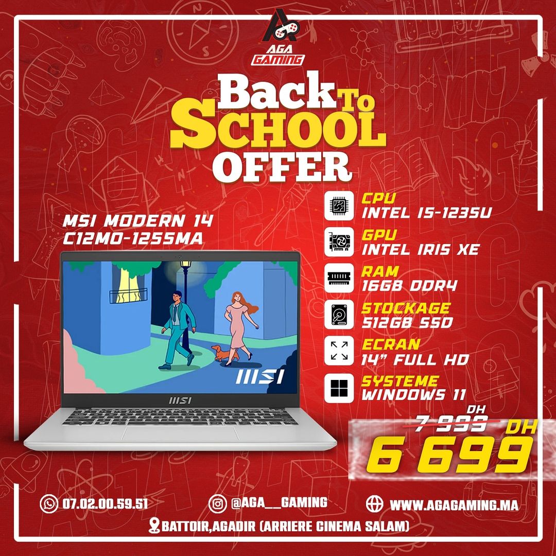 MSI Modern 14 C12MO-1255MA Intel i5-1235U/16Go DDR4/512GB SSD/14″ FHD IPS/Windows11 – Urban Silver MSI Modern 14 C12MO-1255MA Intel i5-1235U/16Go DDR4/512GB SSD/14″ FHD IPS/Windows11 – Urban Silver